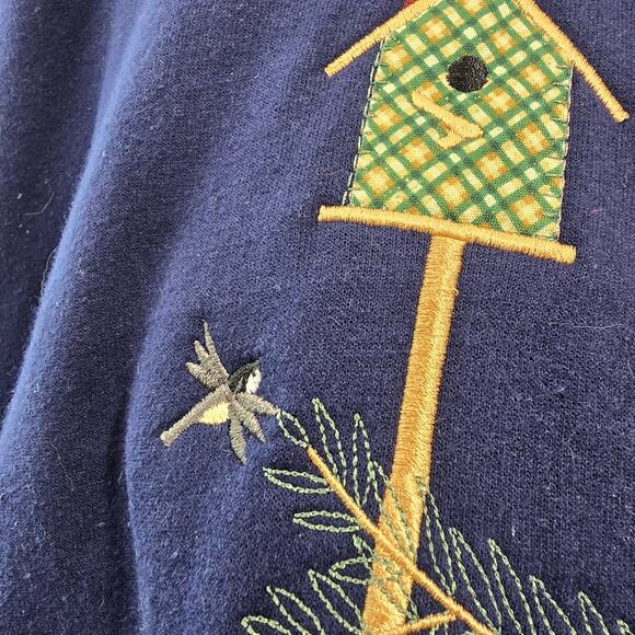 Vintage Sweatshirt Womens XL Navy Double Collar Granny Bird Chickadee Pinecone - Picture 8 of 12
